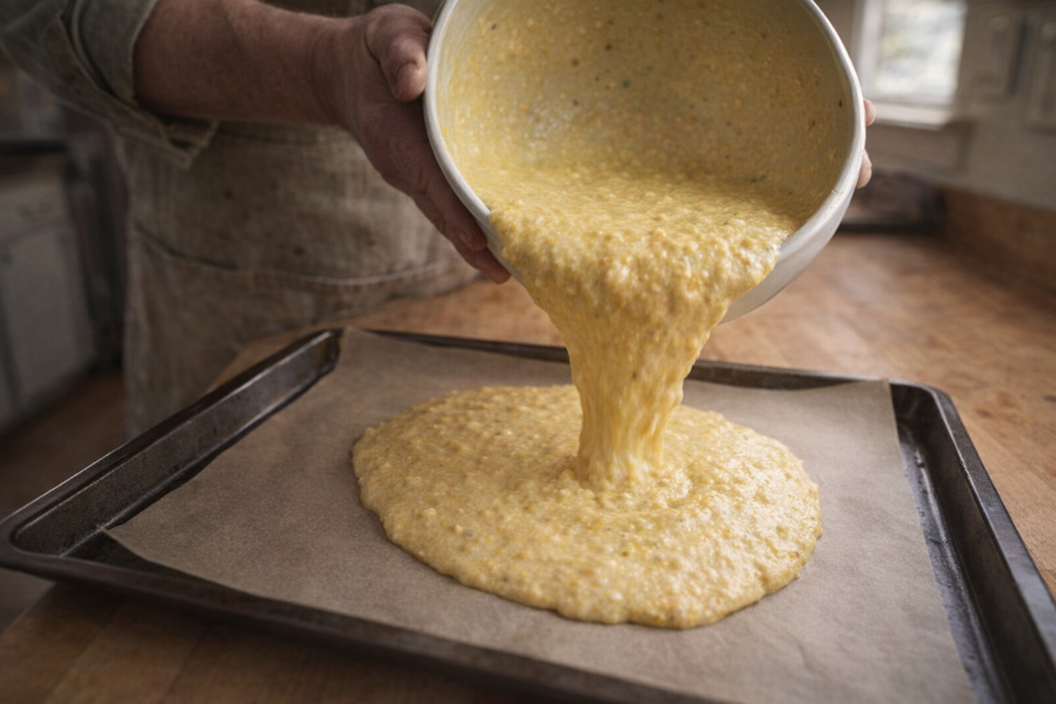 An action shot of pouring the cornbread batter from a mixing bowl onto a parchment-lined baking sheet, motion blur, overhead lighting